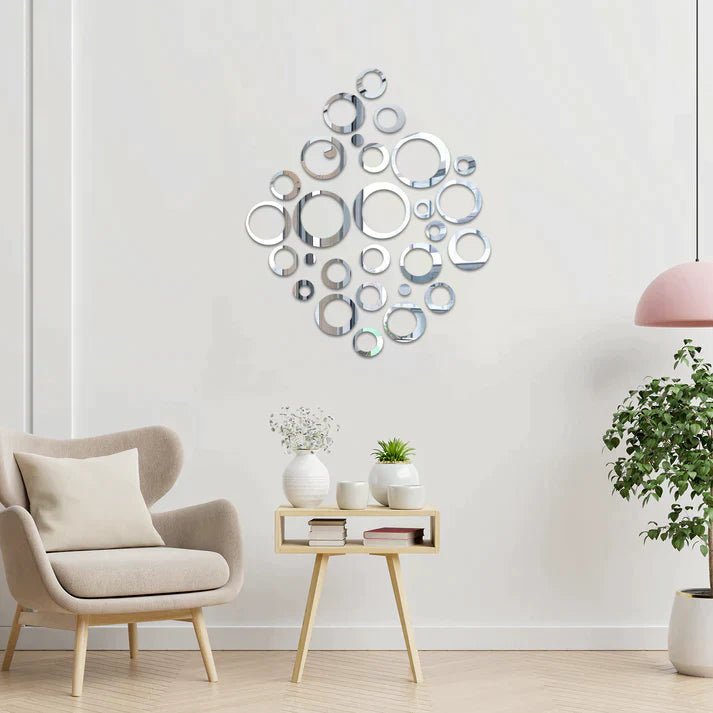 3D Silver Acrylic Circle Mirror Wall Decor Set – 42 Rings