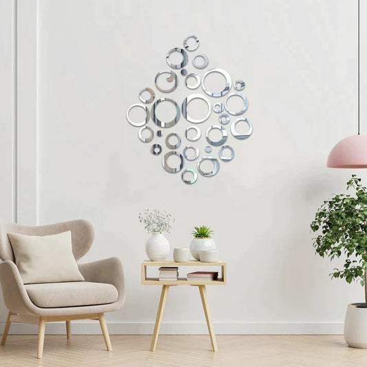 3D Silver Acrylic Circle Mirror Wall Decor Set – 42 Rings