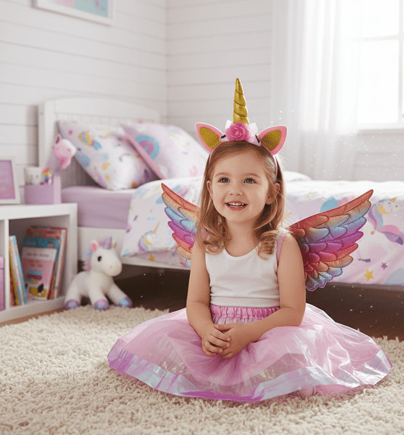 Girls Pink Unicorn Fairy Costume | Dress, Wings & Headband Set