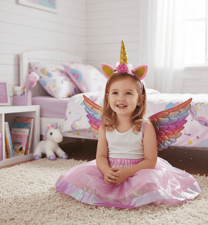 Girls Pink Unicorn Fairy Costume | Dress, Wings & Headband Set