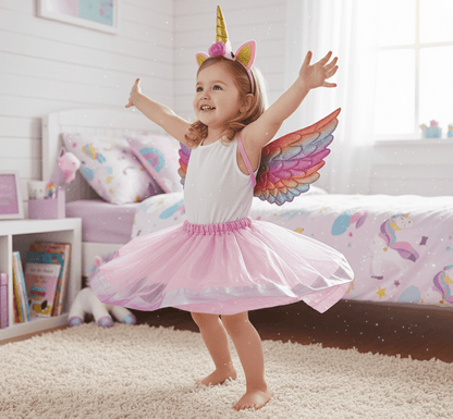 Girls Pink Unicorn Fairy Costume | Dress, Wings & Headband Set
