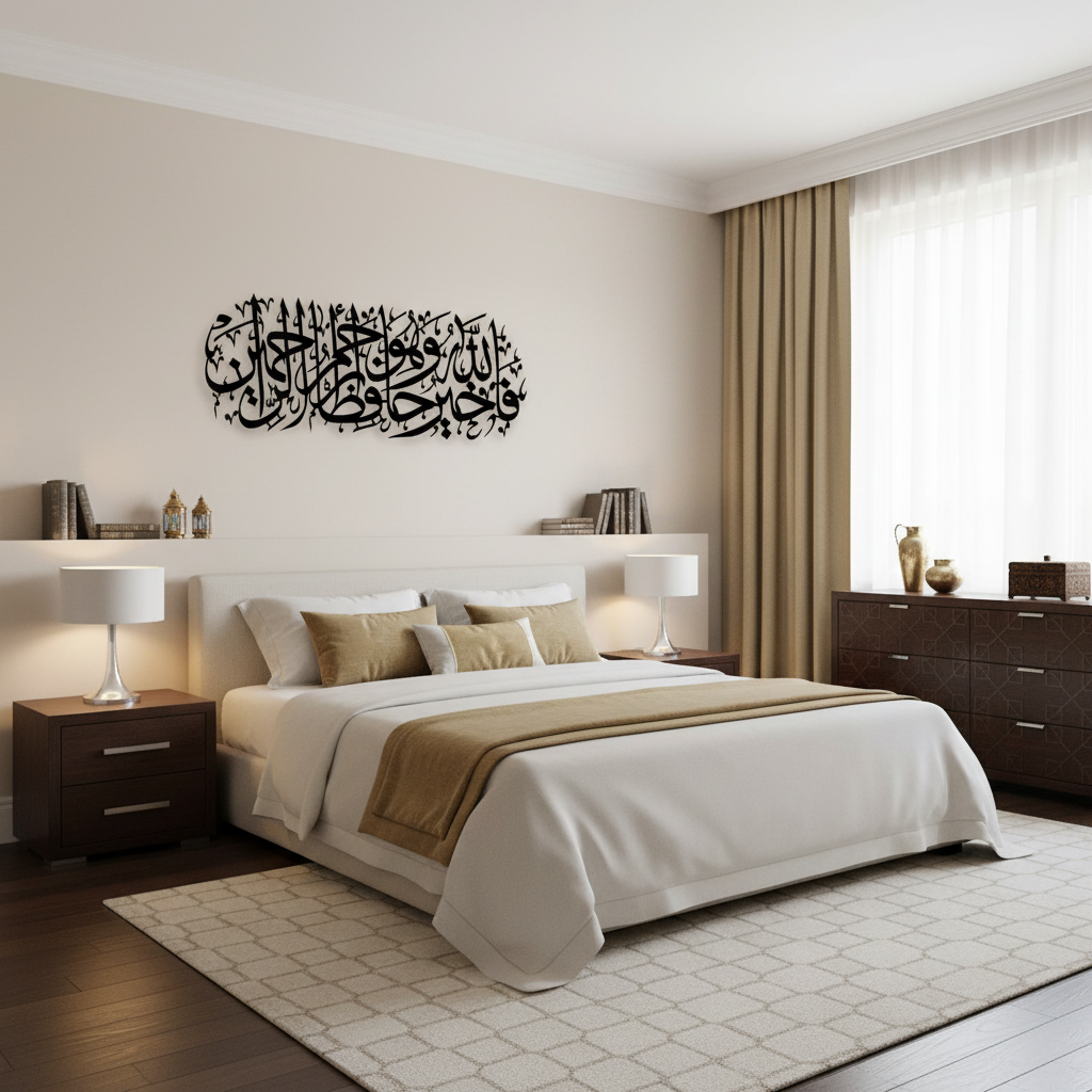 Surah Yusuf Islamic wall art above bed in modern bedroom