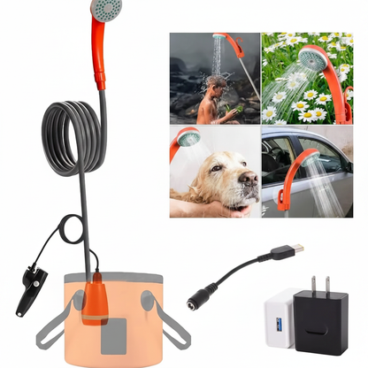 Portable 12V camping shower kit with hose, bucket and adapter