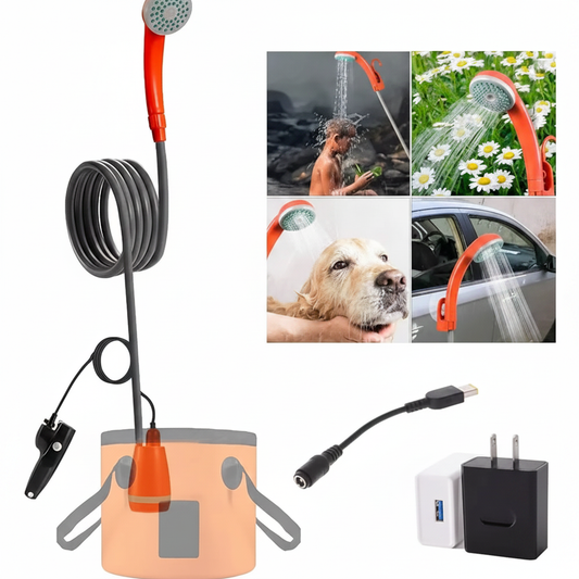 Portable 12V camping shower kit with hose, bucket and adapter