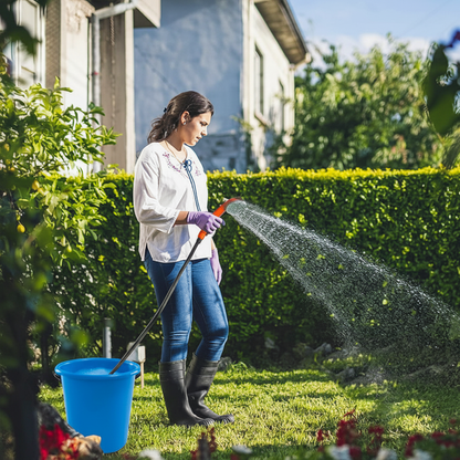 Woman using portable shower to water garden