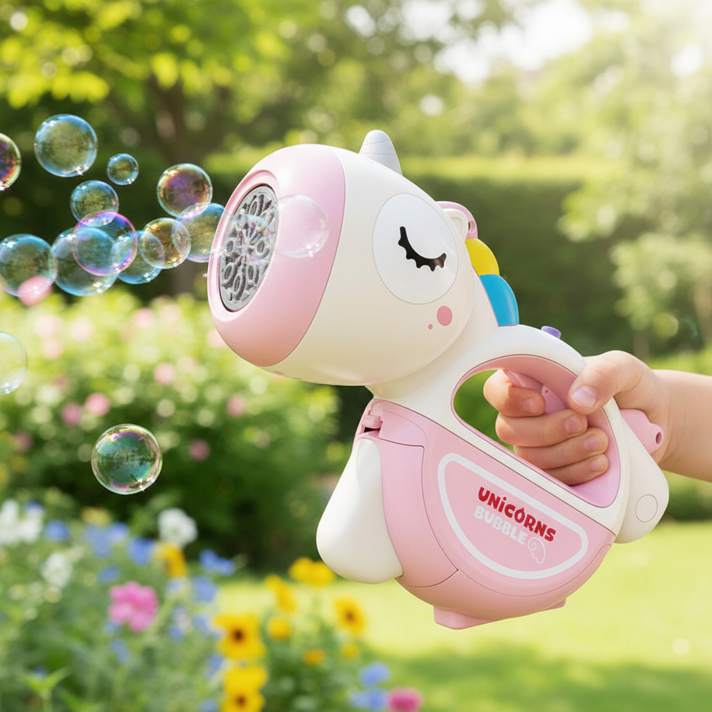 Unicorn bubble machine held by child outdoors with bubbles