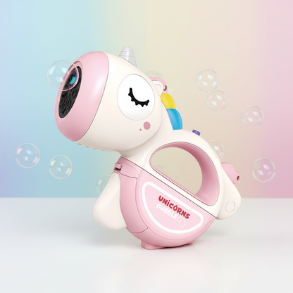 Unicorn bubble machine studio shot with pastel background and bubbles