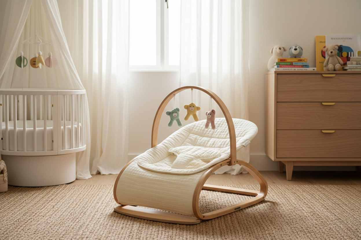 Foldable baby bouncing chair in a bright minimalist nursery