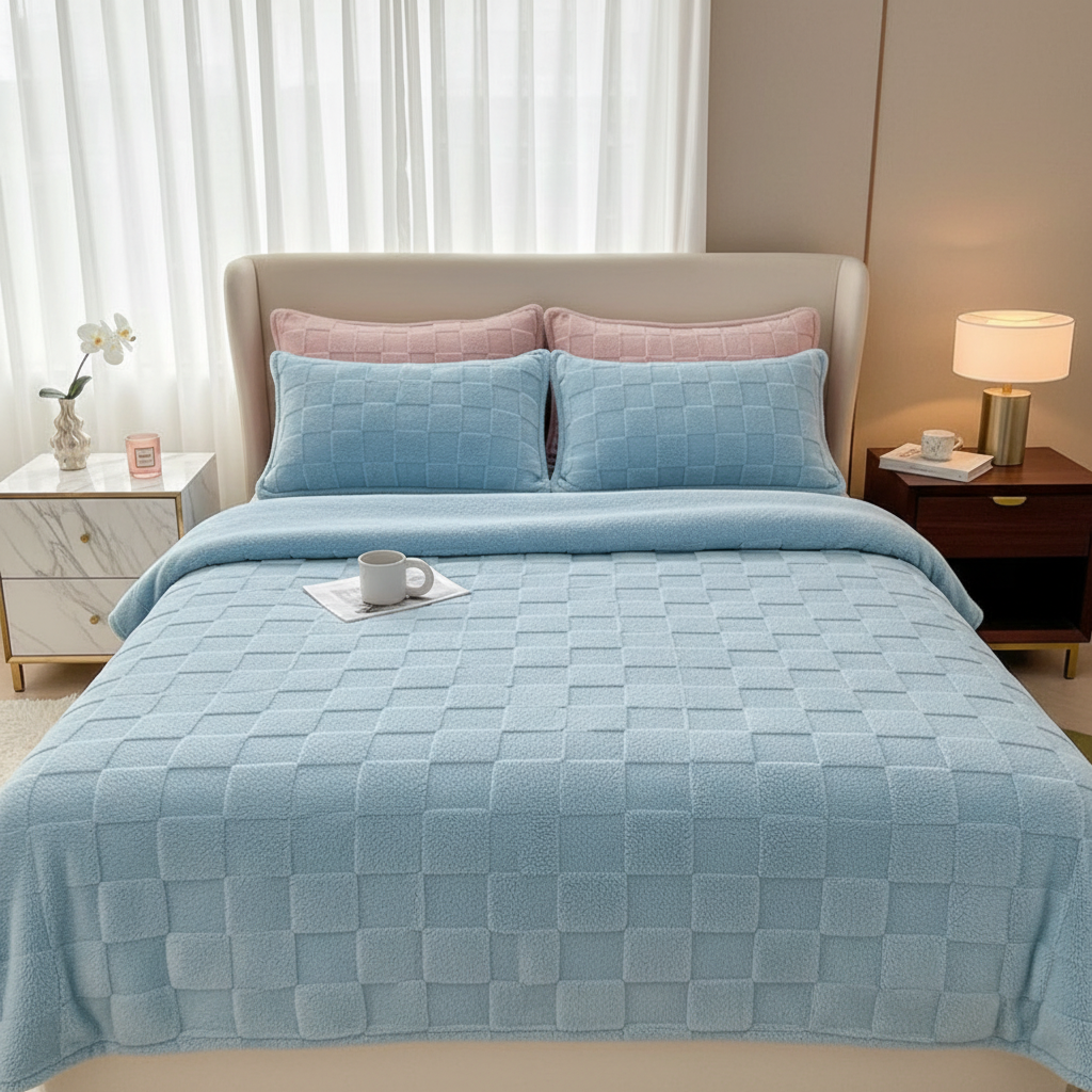 Light Sky Blue Fleece Bedspread - 1 Sheet + 2 Pillows - Elegant Bedroom