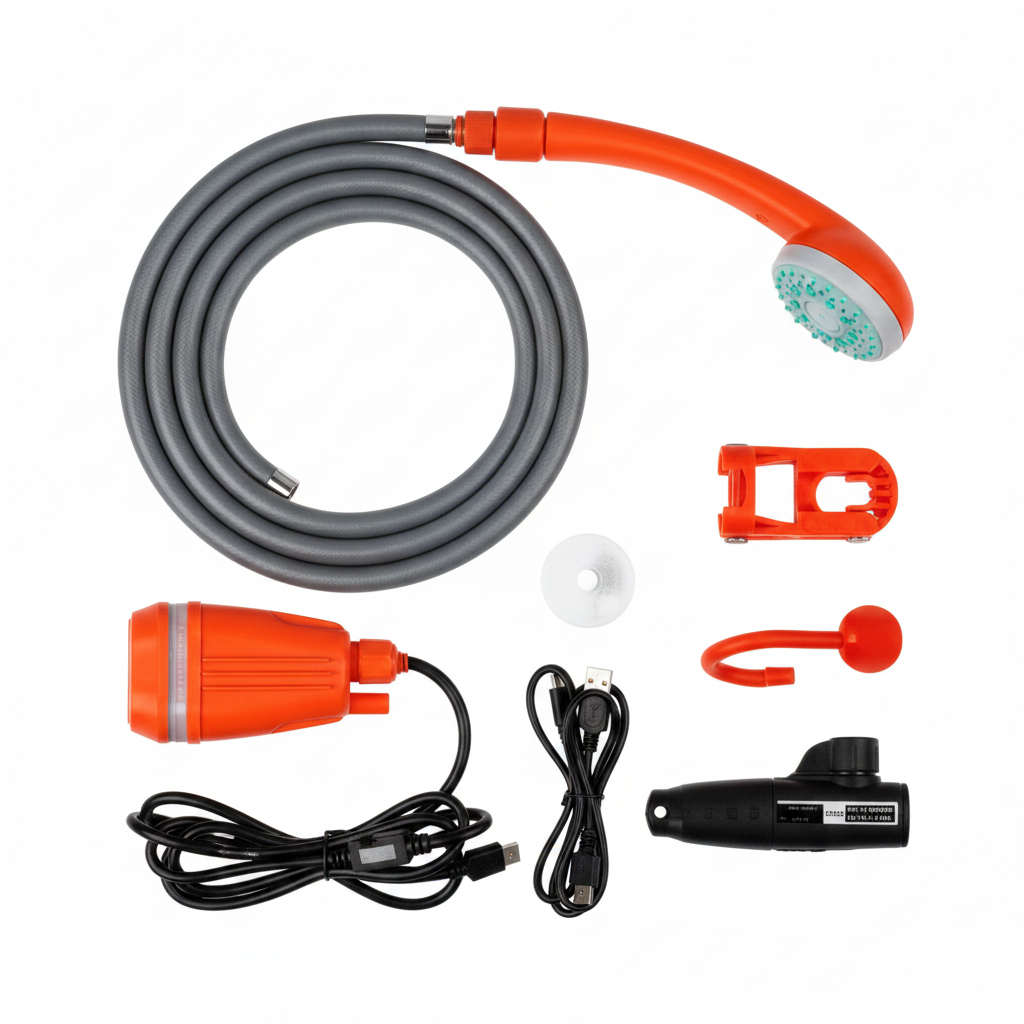 Portable camping shower kit components closeup
