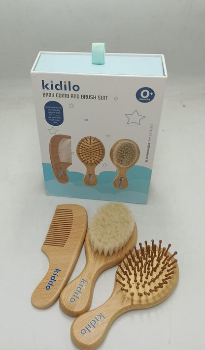Kidilo Baby Comb &amp; Brush Suit (3-Piece Wooden Grooming Set)