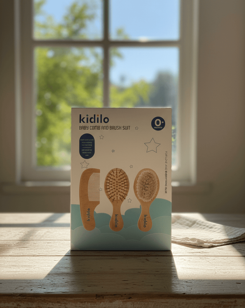 Kidilo Baby Comb &amp; Brush Suit (3-Piece Wooden Grooming Set)