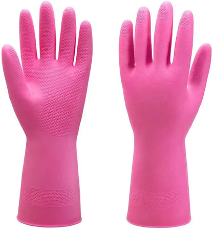 Pink Rubber Kitchen Cleaning Gloves with Extended Cuff & Textured Grip
