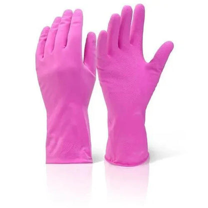 Pink Rubber Kitchen Cleaning Gloves with Extended Cuff & Textured Grip