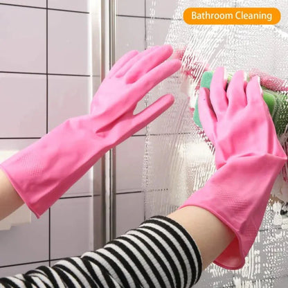 Pink Rubber Kitchen Cleaning Gloves with Extended Cuff & Textured Grip